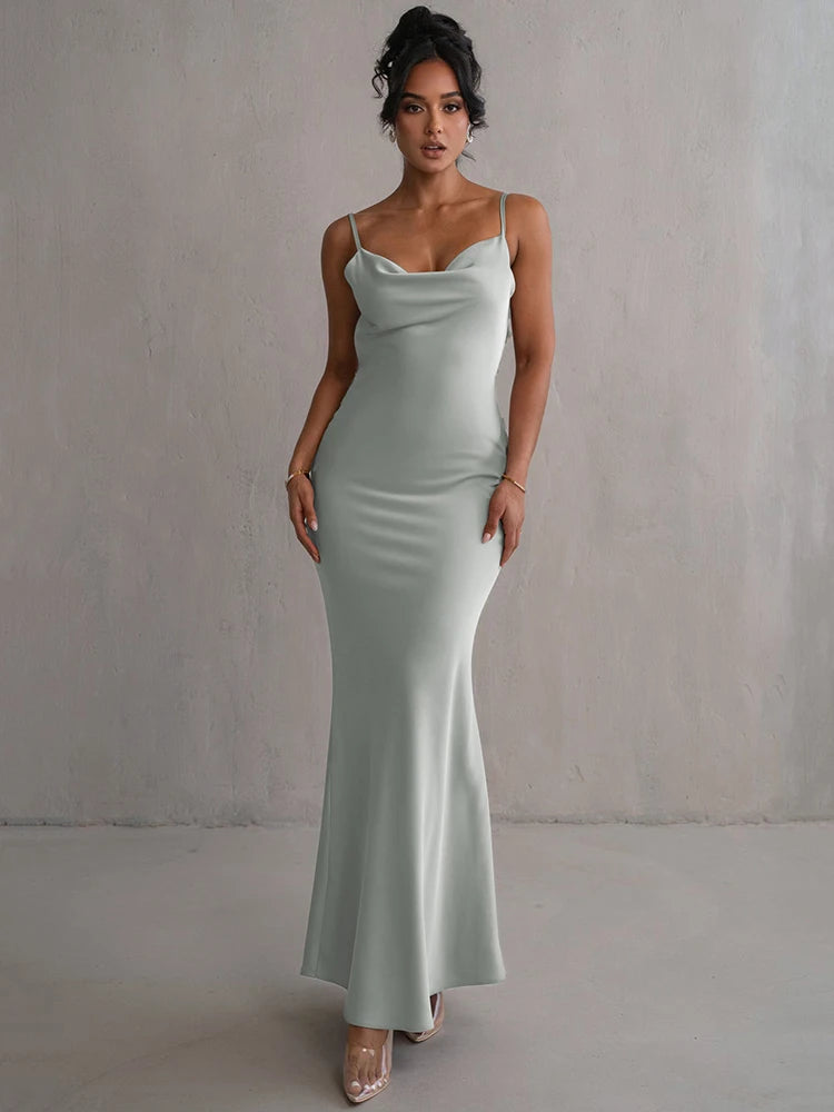 Women's Floral Draped Backless Spaghetti Strap Maxi Dress