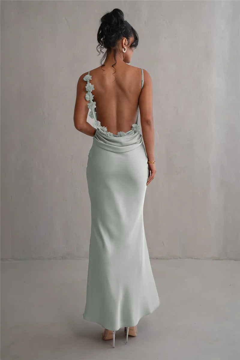Women's Floral Draped Backless Spaghetti Strap Maxi Dress