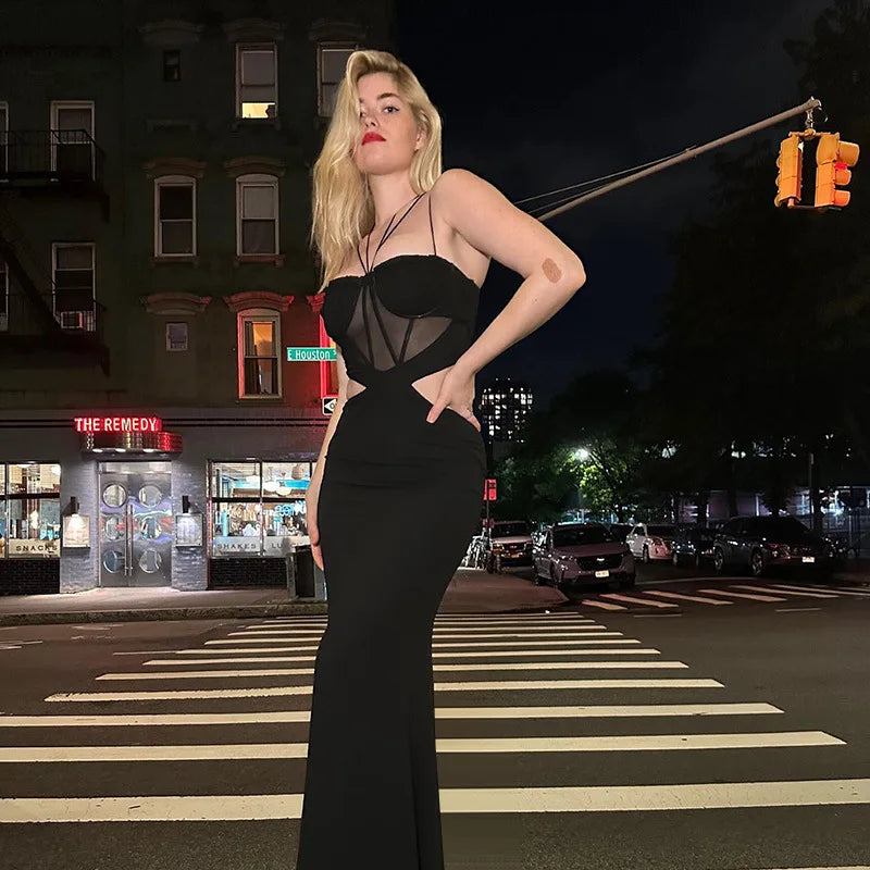 Women's Sheer Corset Spaghetti Strap Backless Maxi Dress