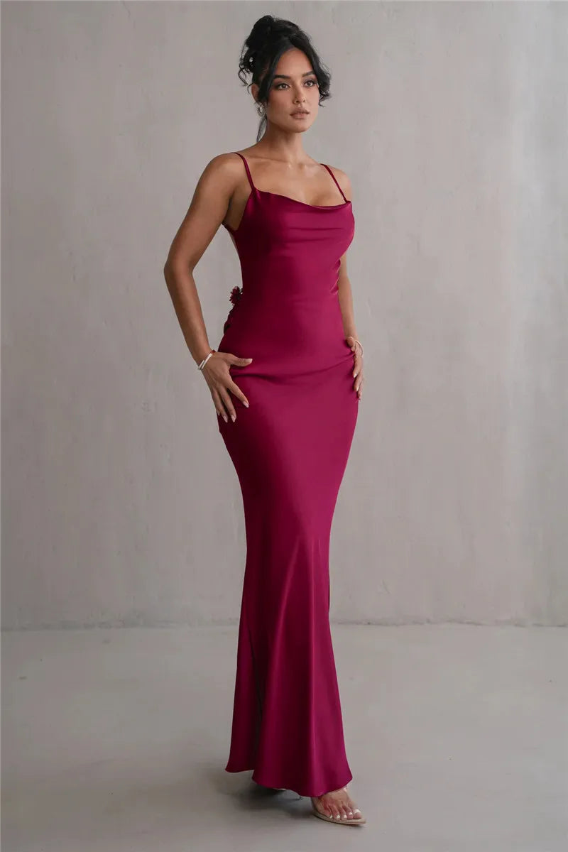 Women's Floral Draped Backless Spaghetti Strap Maxi Dress