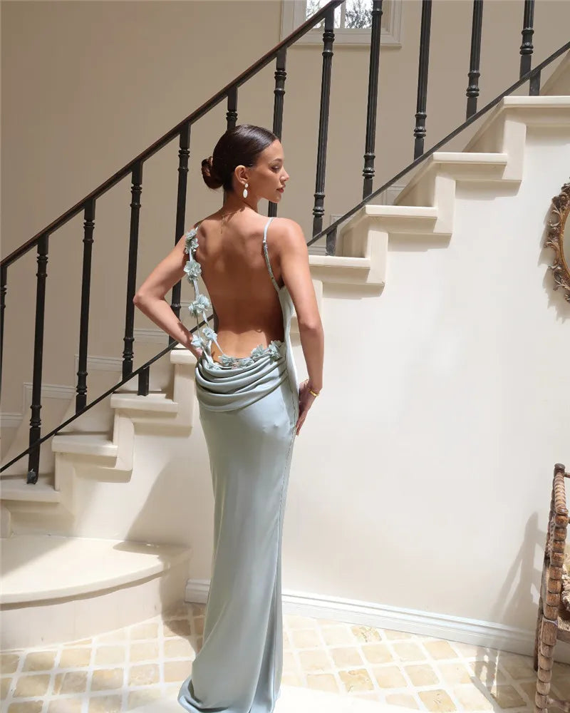 Women's Floral Draped Backless Spaghetti Strap Maxi Dress