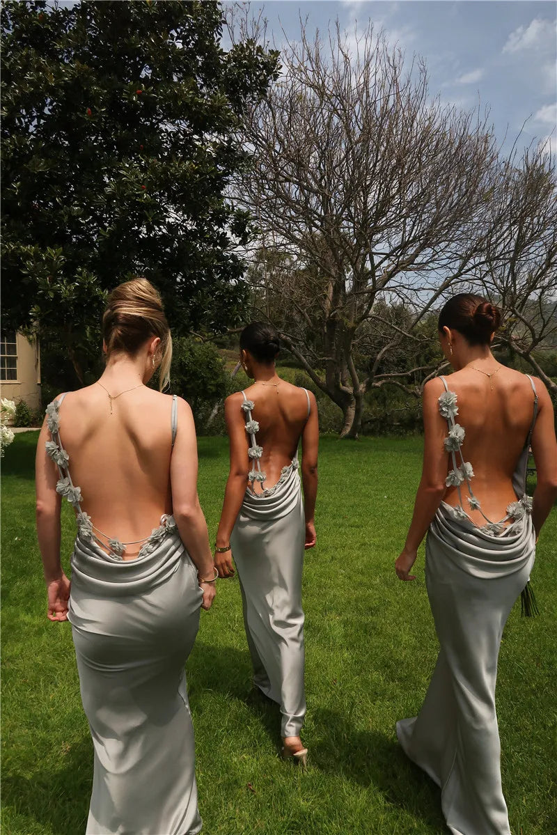 Women's Floral Draped Backless Spaghetti Strap Maxi Dress
