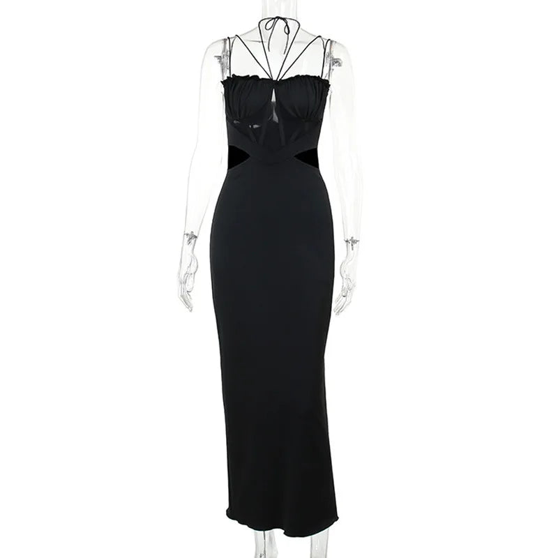 Women's Sheer Corset Spaghetti Strap Backless Maxi Dress
