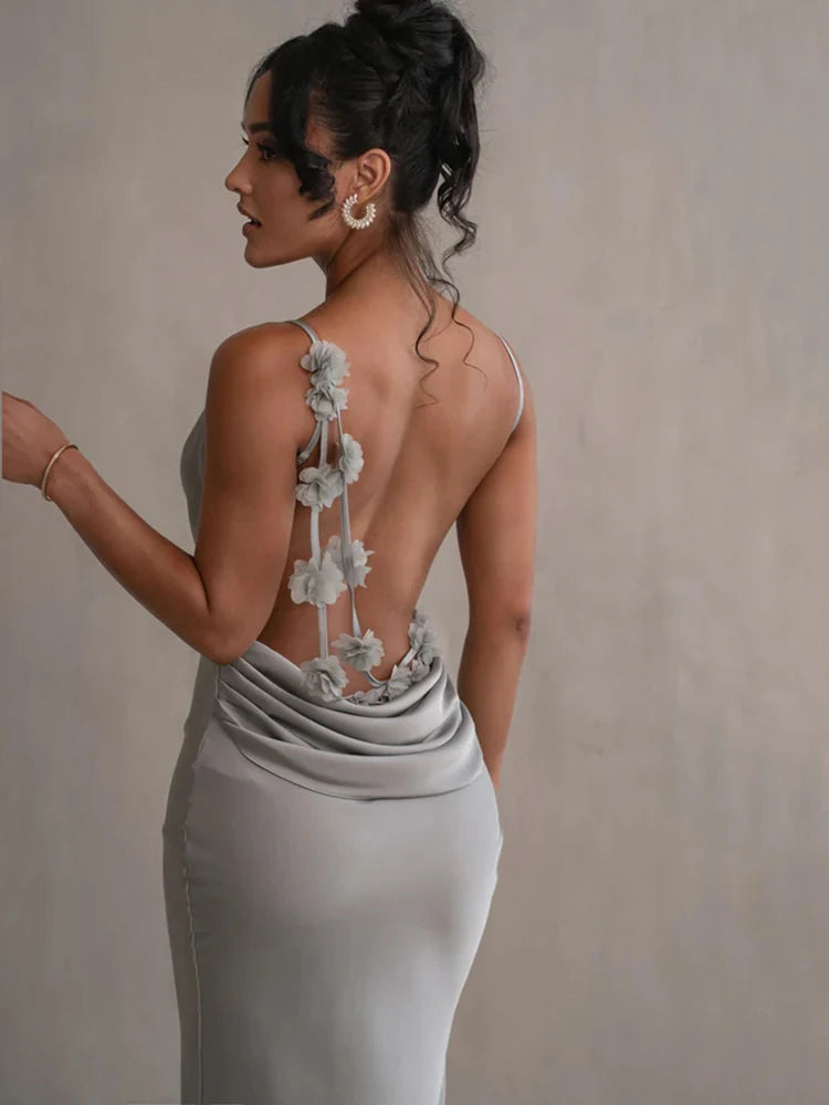 Women's Floral Draped Backless Spaghetti Strap Maxi Dress