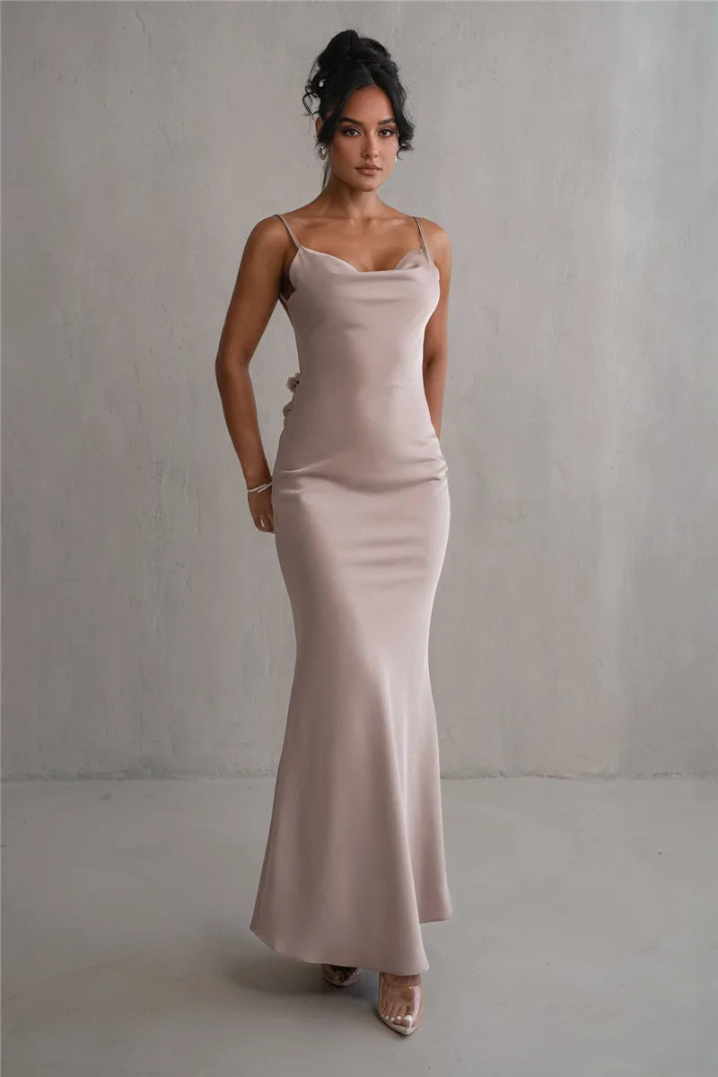 Women's Floral Draped Backless Spaghetti Strap Maxi Dress