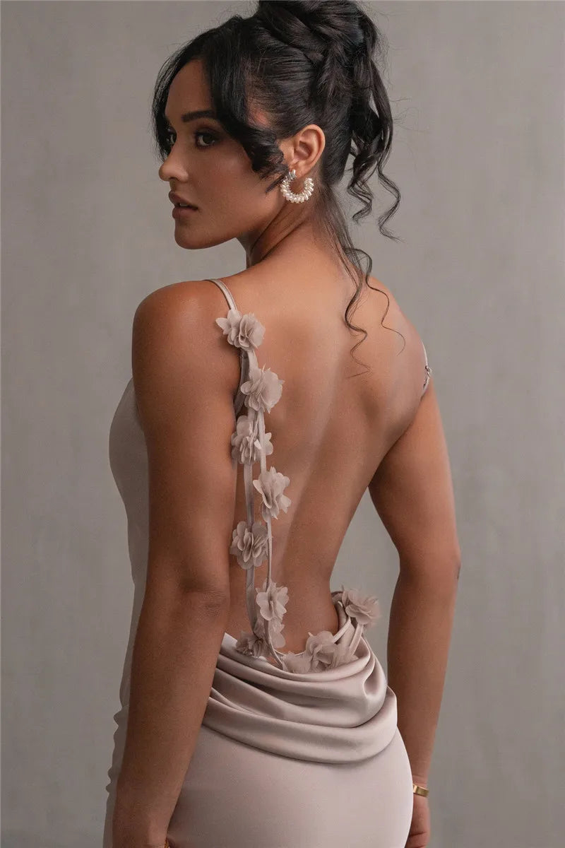 Women's Floral Draped Backless Spaghetti Strap Maxi Dress