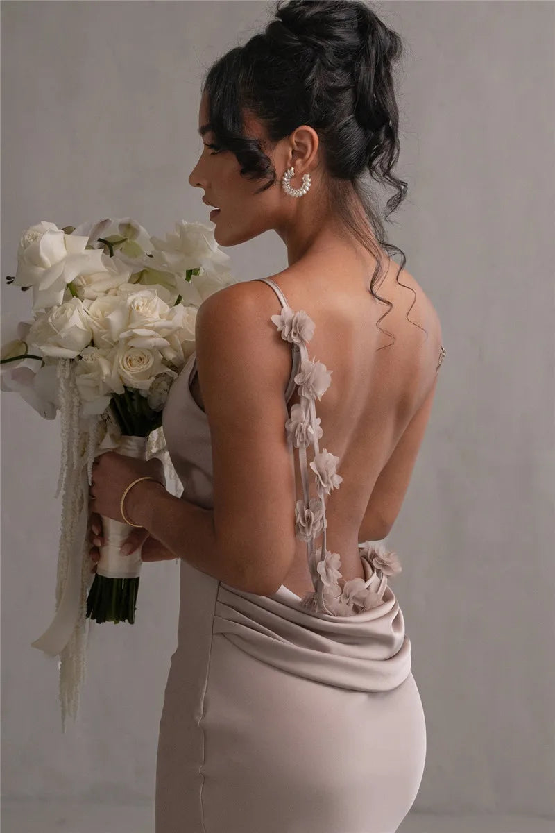 Women's Floral Draped Backless Spaghetti Strap Maxi Dress