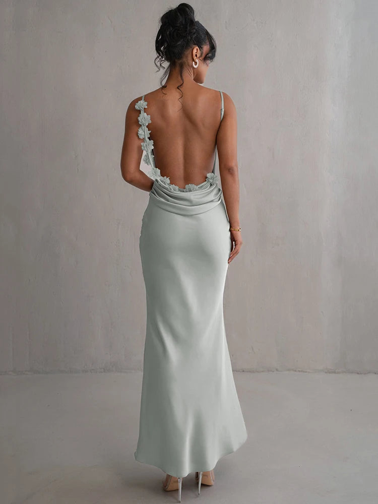 Women's Floral Draped Backless Spaghetti Strap Maxi Dress