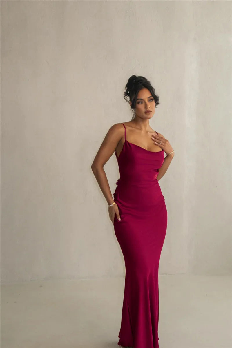 Women's Floral Draped Backless Spaghetti Strap Maxi Dress