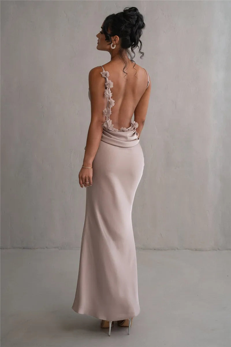 Women's Floral Draped Backless Spaghetti Strap Maxi Dress