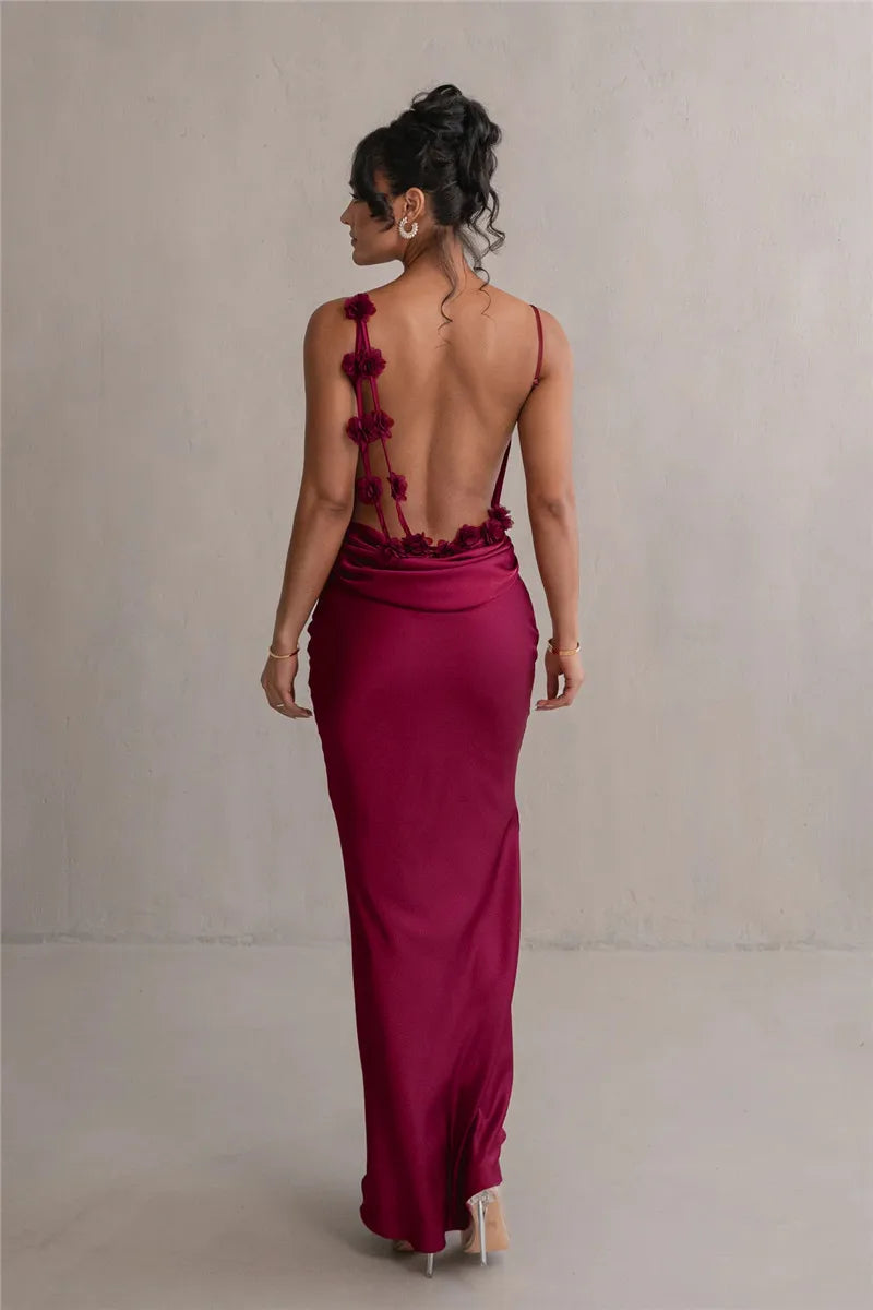 Women's Floral Draped Backless Spaghetti Strap Maxi Dress