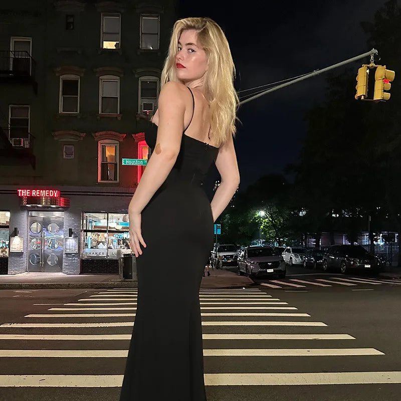 Women's Sheer Corset Spaghetti Strap Backless Maxi Dress