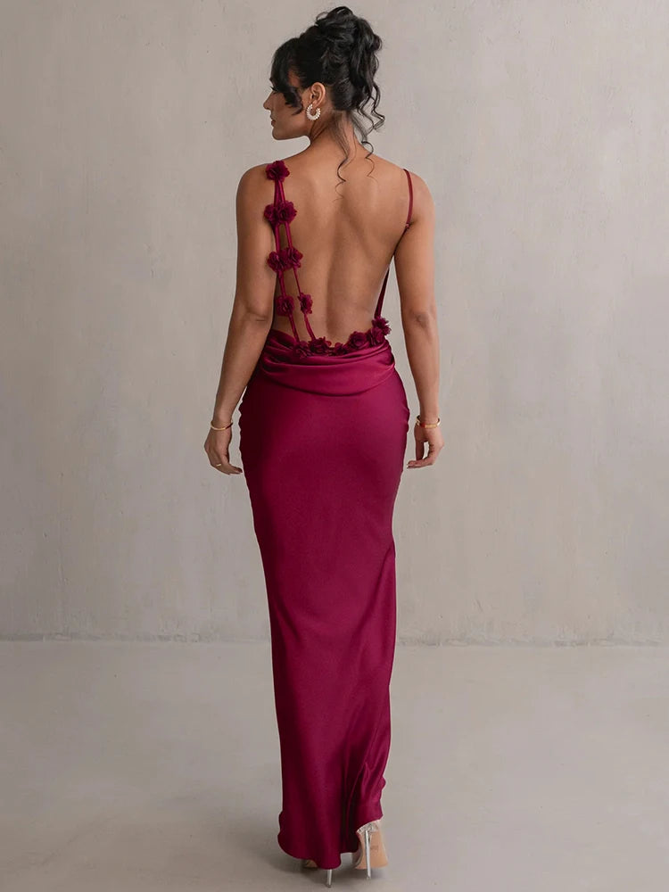 Women's Floral Draped Backless Spaghetti Strap Maxi Dress