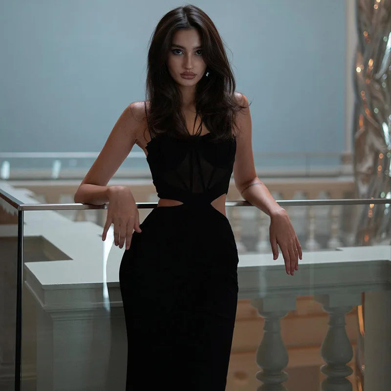 Women's Sheer Corset Spaghetti Strap Backless Maxi Dress