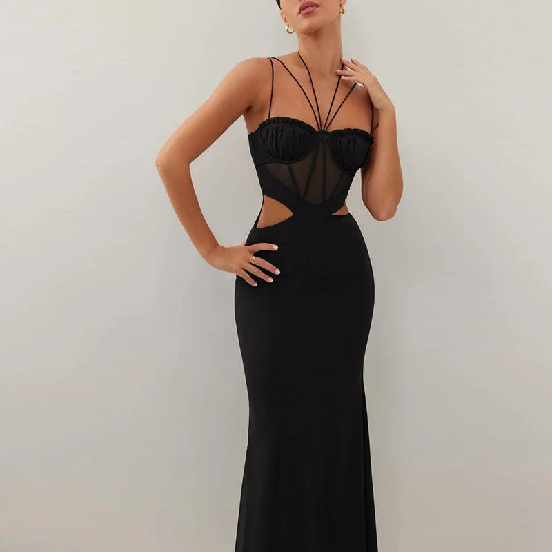 Women's Sheer Corset Spaghetti Strap Backless Maxi Dress