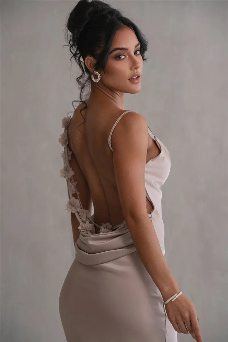 Women's Floral Draped Backless Spaghetti Strap Maxi Dress