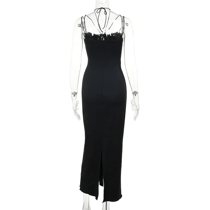 Women's Sheer Corset Spaghetti Strap Backless Maxi Dress