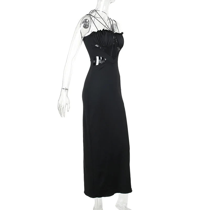 Women's Sheer Corset Spaghetti Strap Backless Maxi Dress