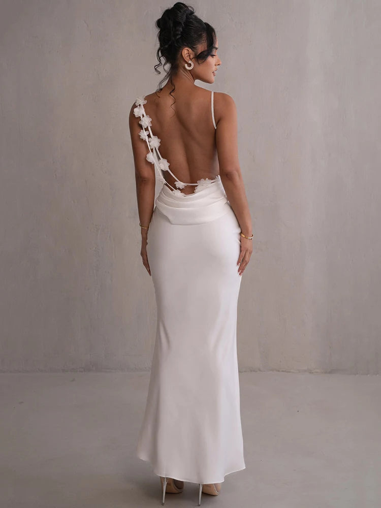 Women's Floral Draped Backless Spaghetti Strap Maxi Dress