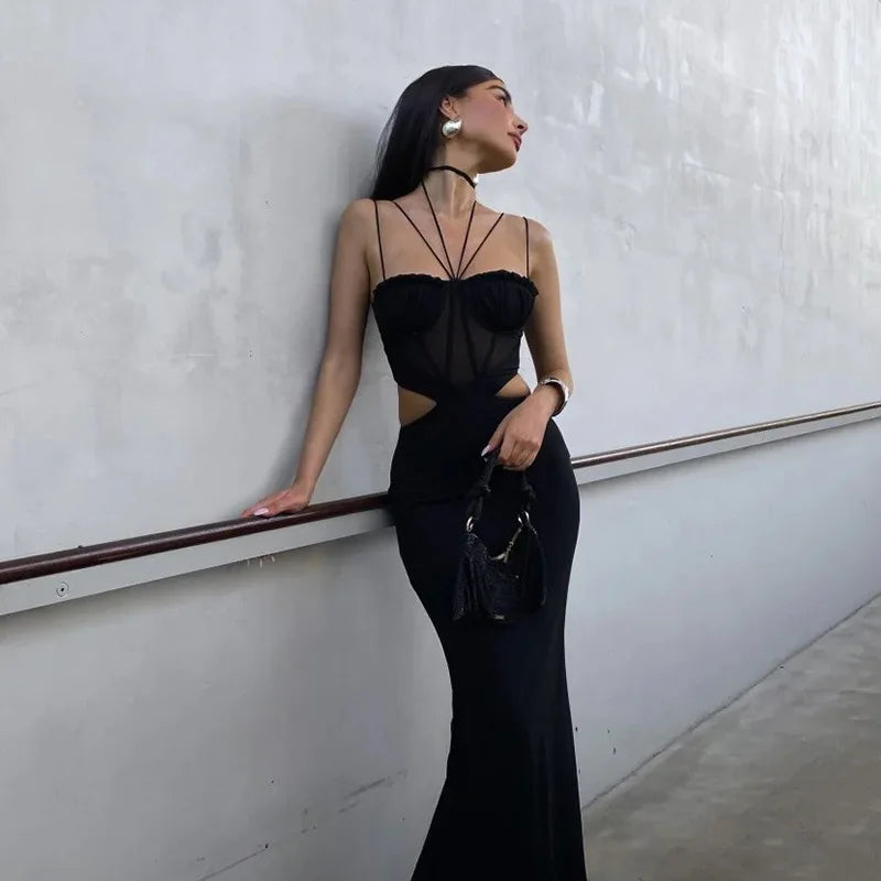 Women's Sheer Corset Spaghetti Strap Backless Maxi Dress