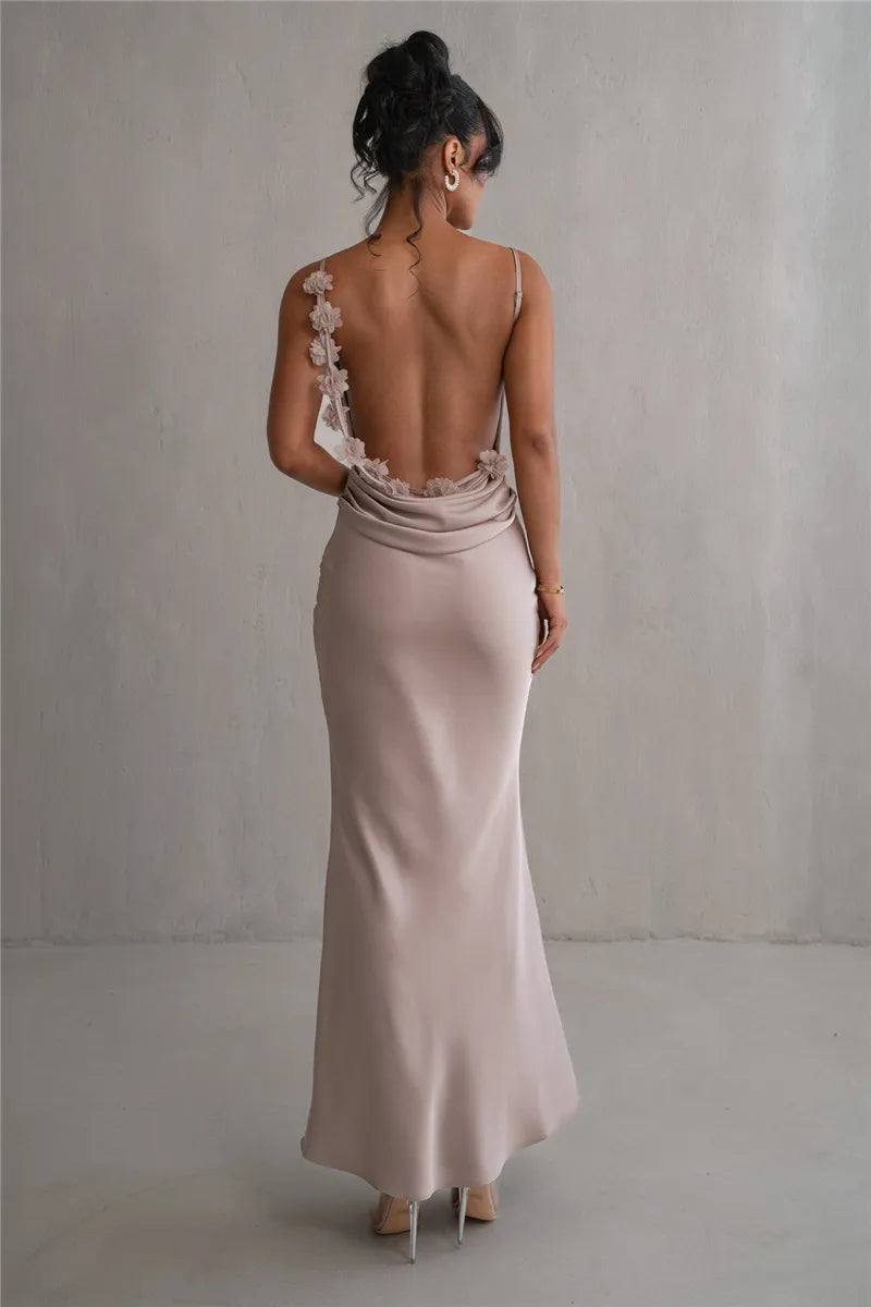 Women's Floral Draped Backless Spaghetti Strap Maxi Dress