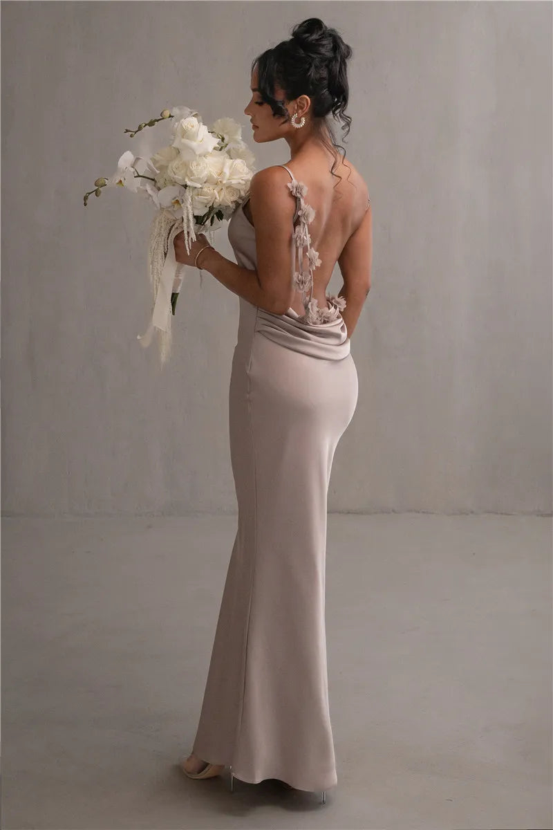 Women's Floral Draped Backless Spaghetti Strap Maxi Dress
