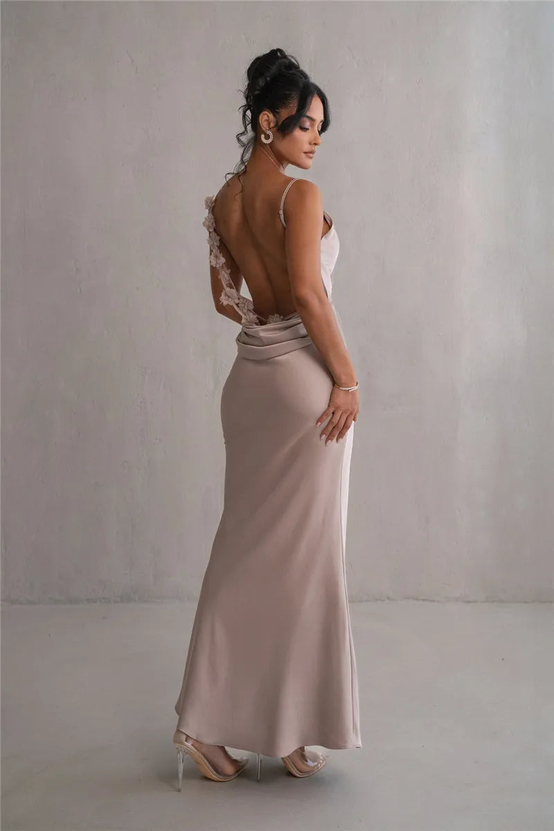 Women's Floral Draped Backless Spaghetti Strap Maxi Dress