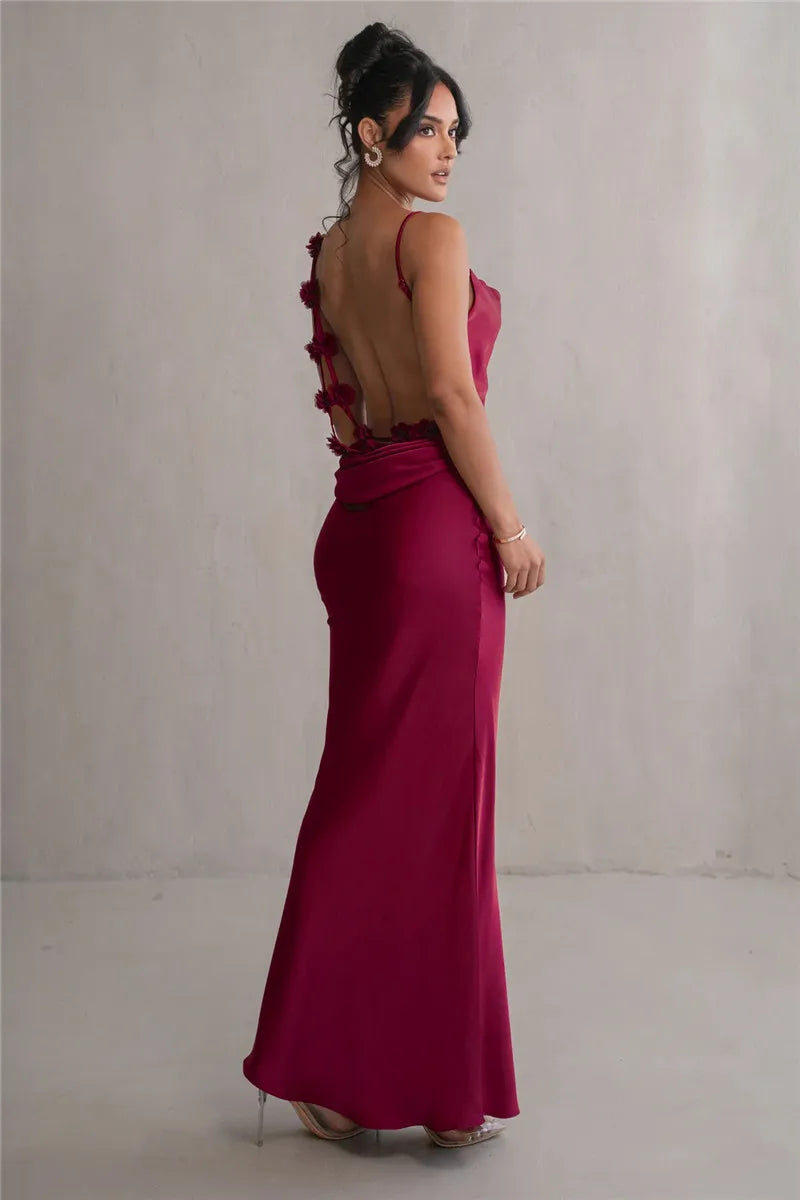 Women's Floral Draped Backless Spaghetti Strap Maxi Dress