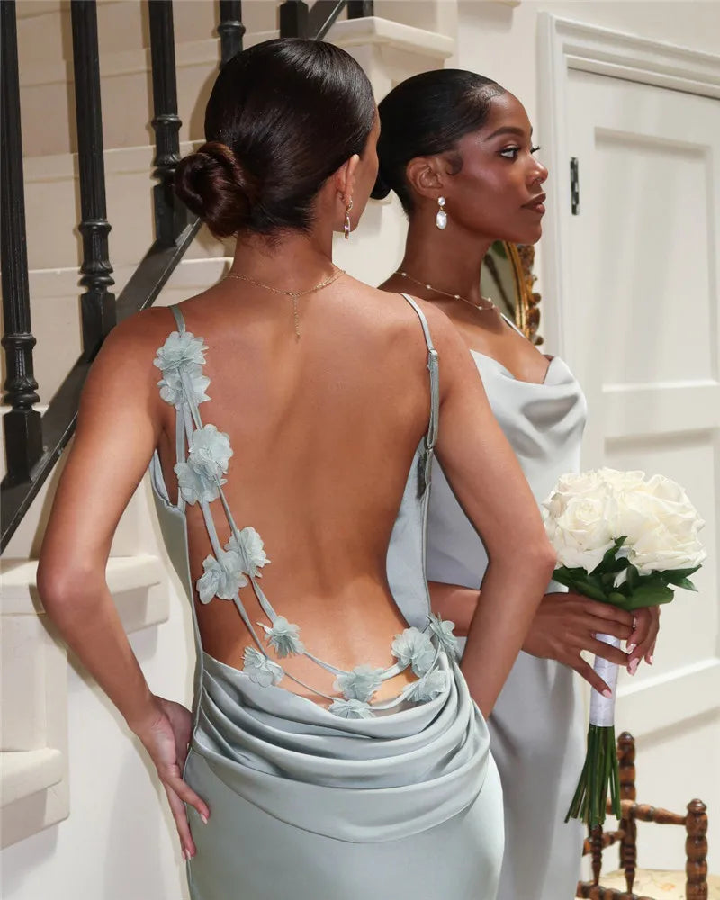 Women's Floral Draped Backless Spaghetti Strap Maxi Dress