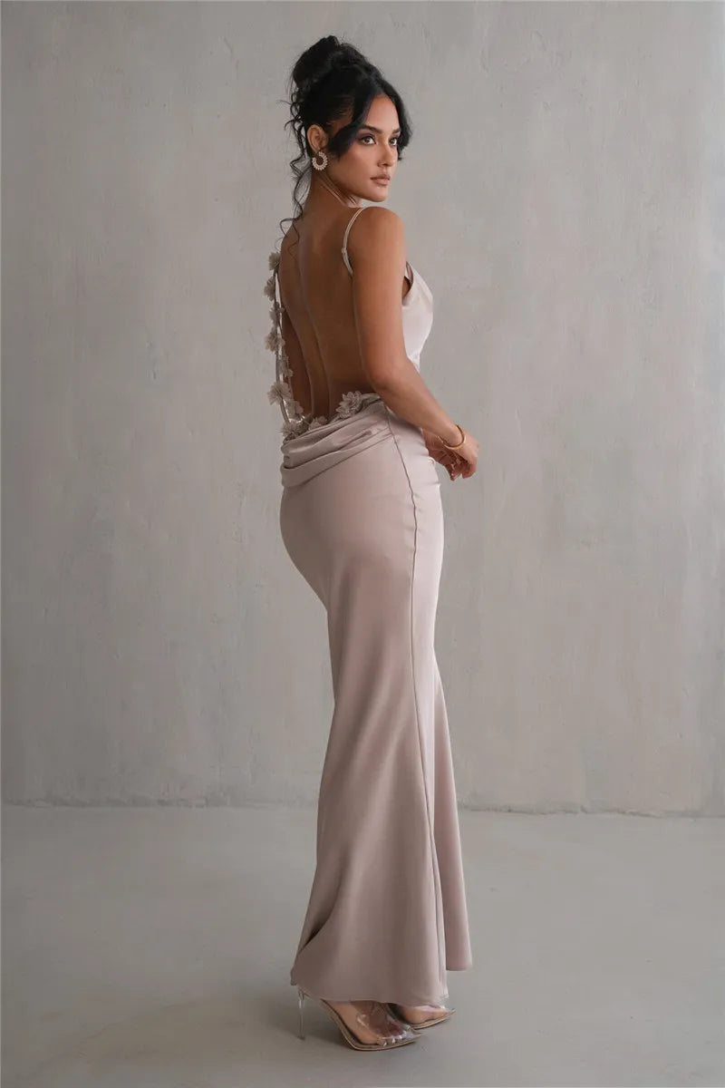 Women's Floral Draped Backless Spaghetti Strap Maxi Dress