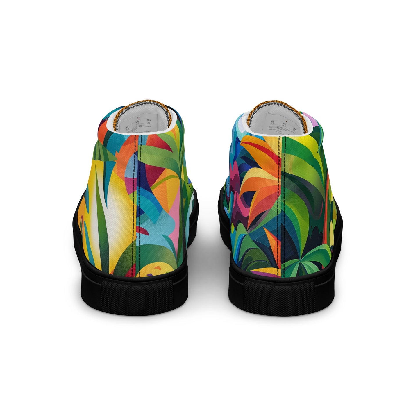 a couple of colorful shoes sitting on top of a bench 