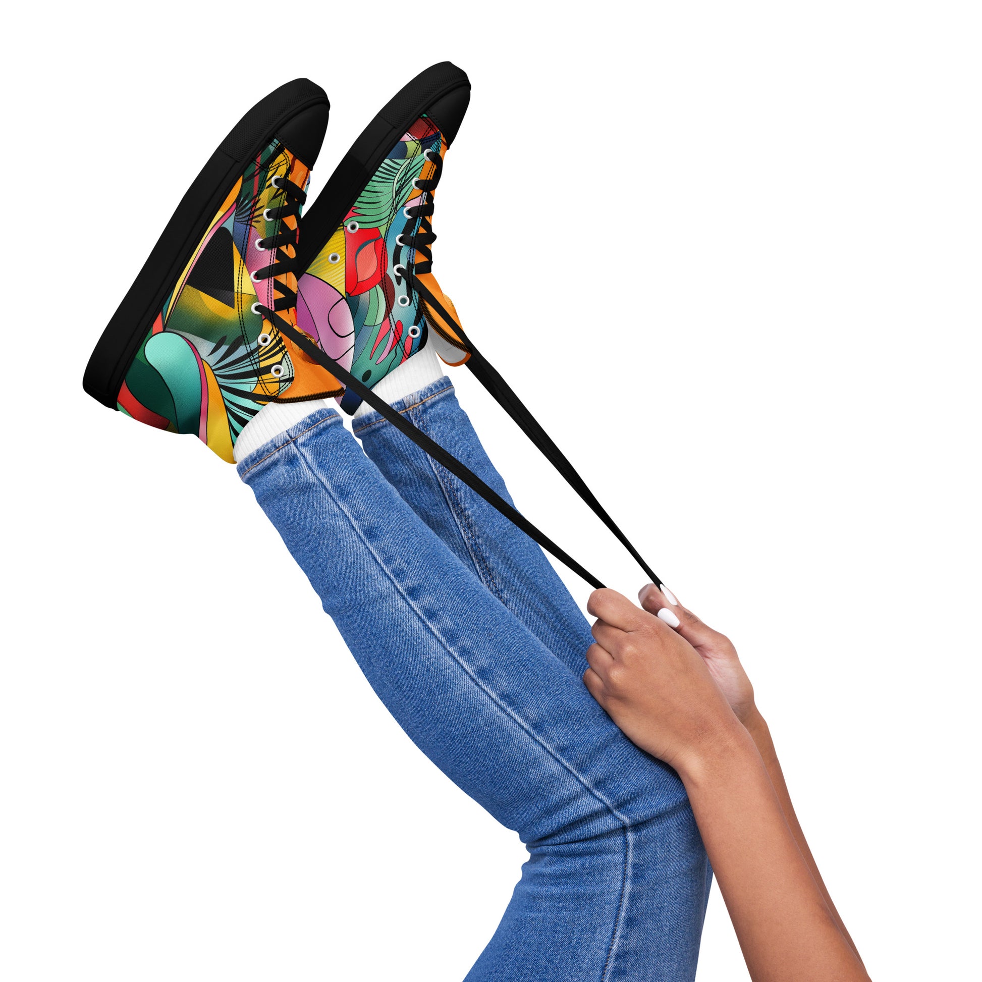 a person holding a pair of skis in the air 